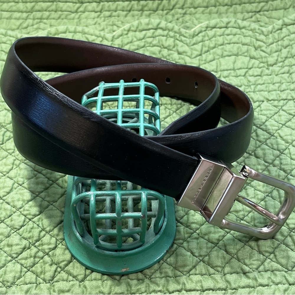Perry Ellis Reversible Black / Brown Belt, marked 33, Silvertone Buckle